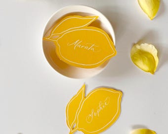 Lemon Calligraphy Place Cards: Mediterranean Wedding Decor