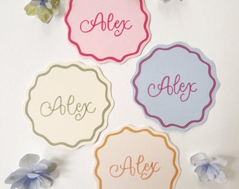 Squiggle Wave Round Place Cards, Wedding Place Cards, Retro Place Cards, Hen&#39;s Party Place Cards, Hand Written Calligraphy, Funky Name Tags