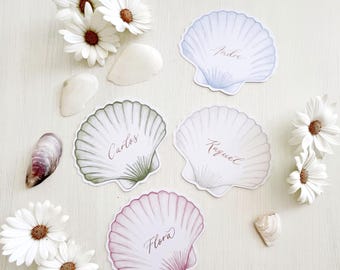 Personalized Scallop Shell Place Cards: Gold Calligraphy, Coastal Wedding Decor