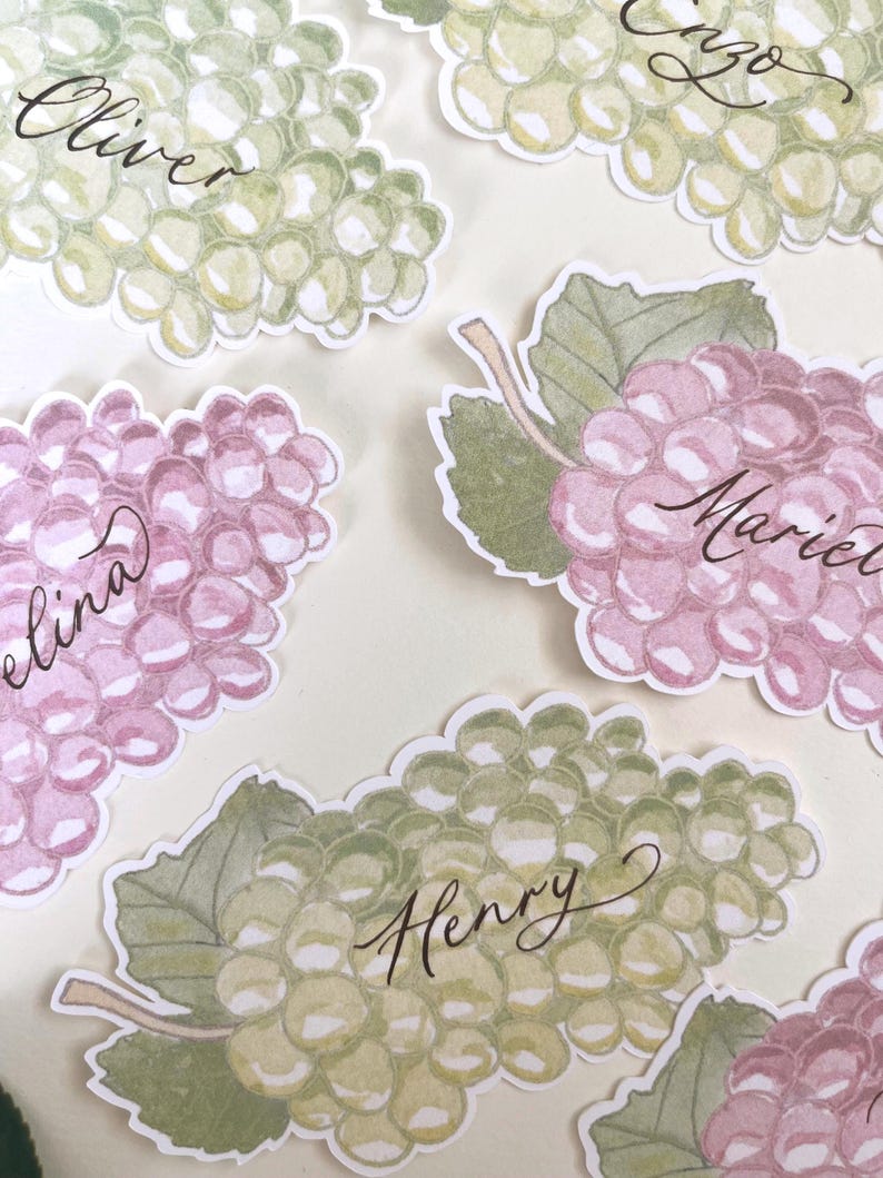 Hand painted and printed watercolour grape place cards with walnut ink personalised calligraphy guest names. Choose from a green bunch of grapes or a purple bunch of grapes. Or have a mix of both colours. Perfect for a Mediterranean wedding, winery event or a party on a vineyard. Classic grape place card are great for a long Italian or Greek lunch under the grapevines.