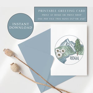 Carte de voeux de montagne vierge imprimable, carte téléchargeable, cartes de voeux, carte toutes occasions, paysage de montagne, carte numérique, errer dans la nature
