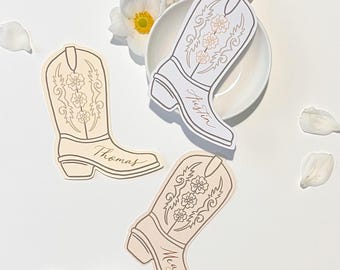 Cowgirl Boot Place Cards: Personalized Calligraphy, Bachelorette Party Decor