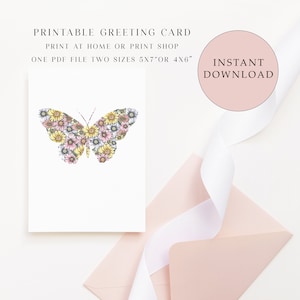 Tarjeta de felicitación en blanco imprimible mariposa de flor de primavera, tarjeta impresa en casa, tarjetas de felicitación digitales, tarjetas para todas las ocasiones, tarjetas de mariposa lindas