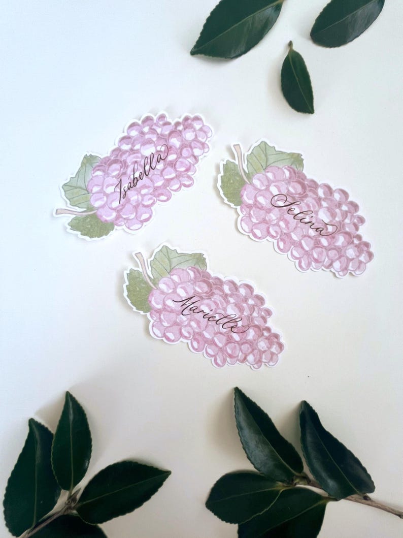 Hand painted and printed watercolour grape place cards with walnut ink personalised calligraphy guest names. Choose from a green bunch of grapes or a purple bunch of grapes. Or have a mix of both colours. Perfect for a Mediterranean wedding, winery event or a party on a vineyard. Classic grape place card are great for a long Italian or Greek lunch under the grapevines.