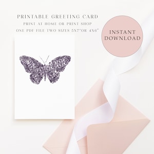 Carte de voeux vierge imprimable, papillon hortensia violet, carte à imprimer à la maison, cartes de voeux numériques, cartes toutes occasions, cartes papillon