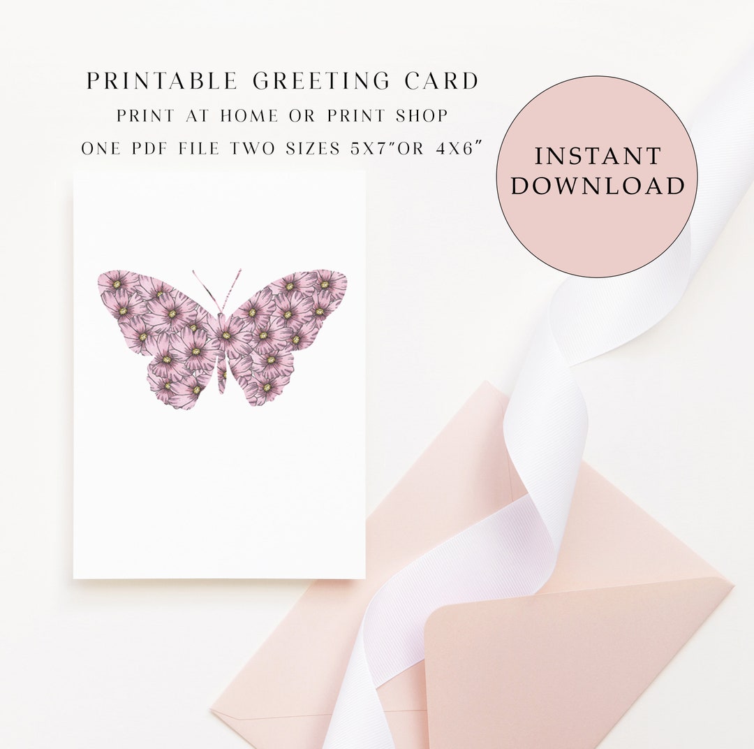 Printable Blank Greeting Card With Cosmos Butterfly, Print at Home ...