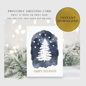Cartão de boas festas para impressão, noite estrelada, cartão de árvore de Natal, cartão de férias para download, cartão digital de Natal, download instantâneo