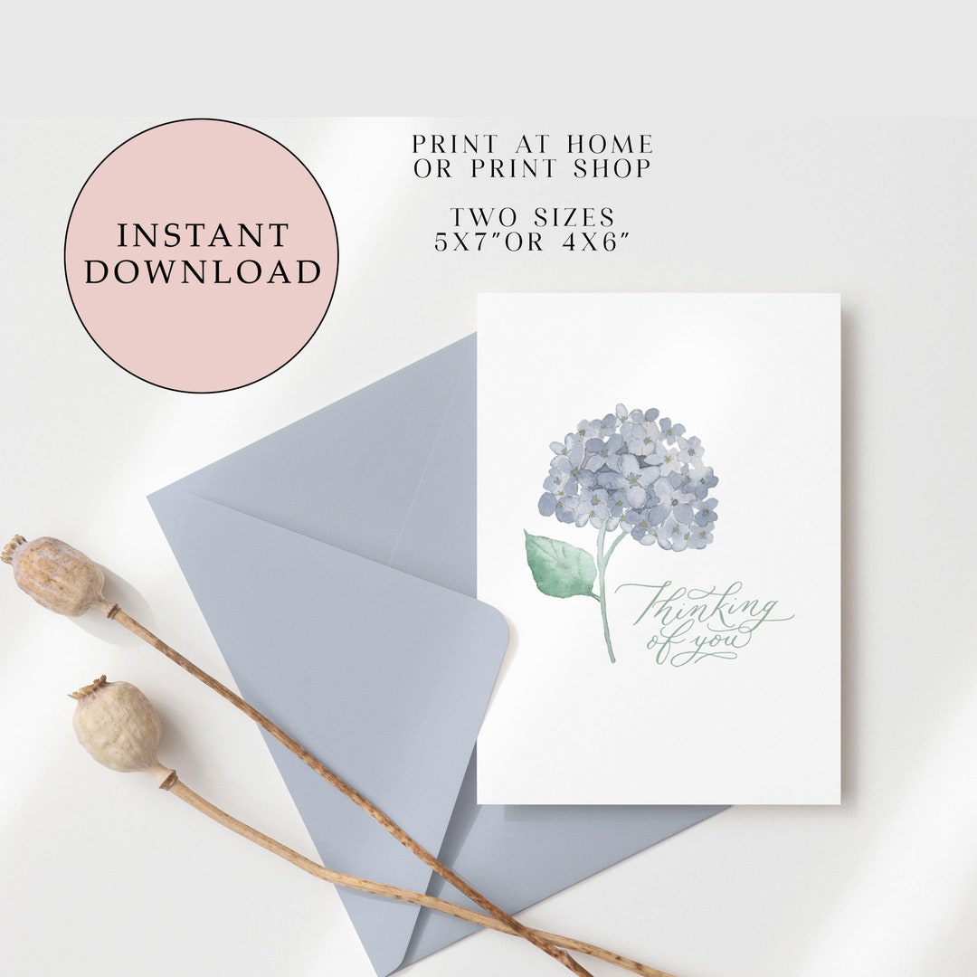 Blue Hydrangea Thinking of You Card: Watercolor Floral (digital ...