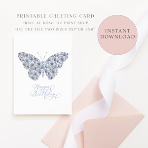 Biglietto d'auguri stampabile farfalla blu ortensia, biglietto d'auguri, download istantaneo, biglietto d'auguri fiore farfalla, biglietto di buon compleanno digitale