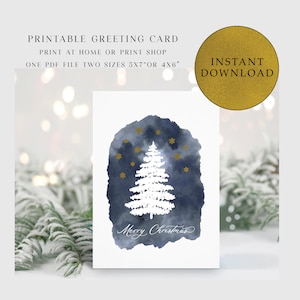 Afdrukbare Merry Christmas Card, downloadbare kerstkaart, digitale kerstkaart, Star Tree Card, Print at Home kerstkaart, Instant Download,