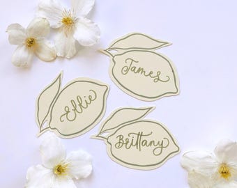Squiggle Wave Lemon Place Cards, Wedding Place Cards, Lemon Place Cards, Hen&#39;s Party Place Cards, Mediterranean Decor, Personalised Name Tag
