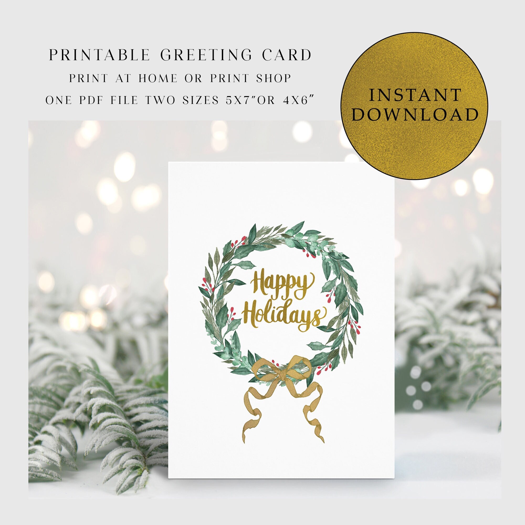 Printable Wreath Happy Holidays Card Wreath Holiday Card - Etsy
