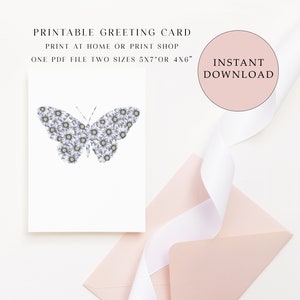 Carte de vœux vierge imprimable avec papillon lilas, carte de fleurs imprimée à la maison, cartes de vœux numériques, carte toutes occasions, carte papillon
