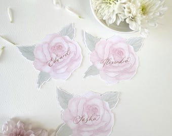 Personalized Pastel Rose Place Cards: Gold Calligraphy