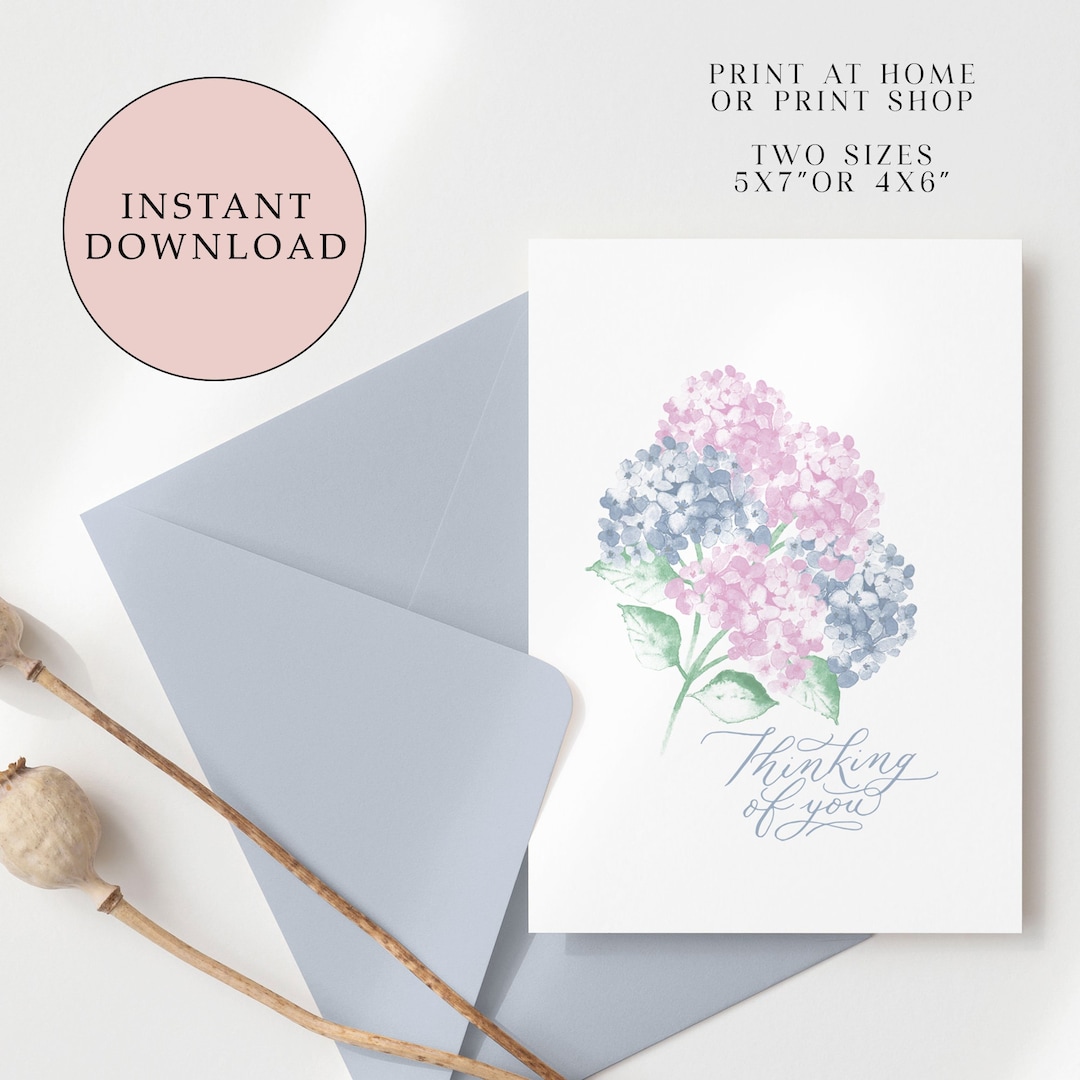 Floral Thinking of You Card: Watercolor Hydrangea Bouquet (digital ...