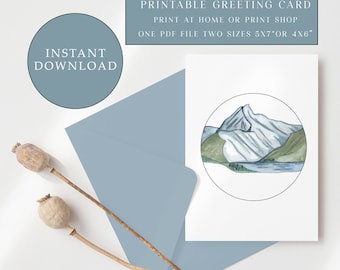 Mountain Lake Watercolor Greeting Card: Printable All Occasion Card (PDF)