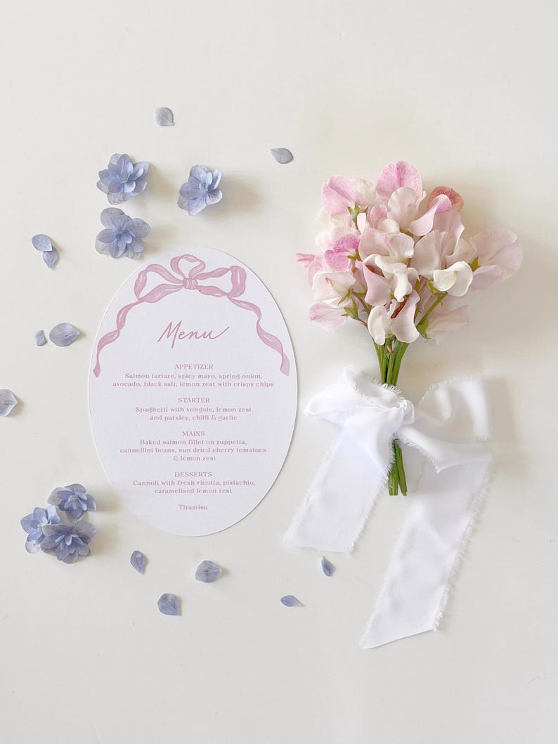Oval Ribbon Bow Wedding Menus: Pastel Calligraphy - Etsy