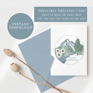 Cartão de feliz aniversário floral da montanha para impressão, cartão de felicitações instantâneo, cartão de aniversário digital, cartão de felicitações para impressão, cartão de aventura instantâneo