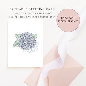 Tarjeta de felicitación en blanco imprimible con hortensia, tarjeta de flores impresa en casa, tarjetas de felicitación imprimibles, tarjetas para todas las ocasiones, la felicidad es una cita
