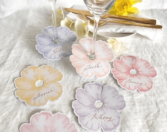 Personalized Pastel Flower Wine Glass Name Cards: Gold Calligraphy