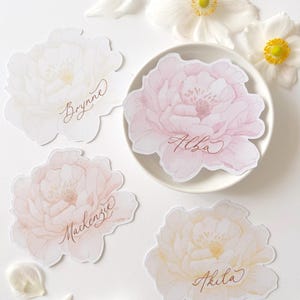 Marques-places fleur pivoine pastel, marque-places fête personnalisés, marque-places mariage, marque-places douche nuptiale, étiquettes de nom jolies fleurs