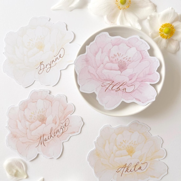 Personalized Pastel Peony Place Cards: Walnut Calligraphy