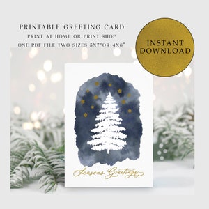 Afdrukbare seizoenswenskaart, ster- en boomvakantiekaart, digitale kaart, kerstboom gouden kalligrafie, Instant Download, Sterrennacht