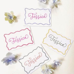 Kringelwelle Tischkarten, Hochzeit Tischkarten, Retro Tischkarten, Hen's Party Tischkarten, Handgeschriebene Kalligraphie, Funky Namensschilder