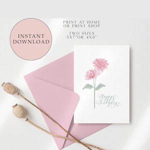 Carte d'anniversaire imprimable Dahlia, carte d'anniversaire de téléchargement instantané, téléchargement numérique, carte pour elle, carte d'anniversaire florale, carte d'anniversaire rose