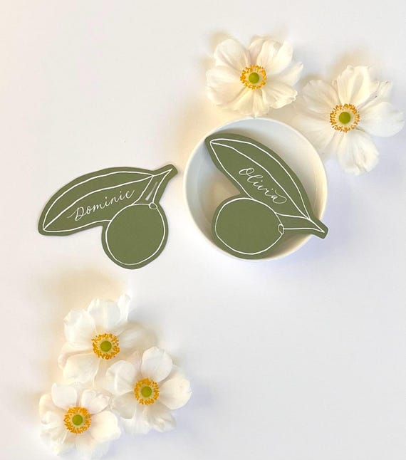 Personalized Olive Leaf Place Cards: Mediterranean Wedding Table Decor