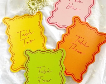 Bright Squiggle Wave Table Numbers: Hand-Lettered Calligraphy, Colorful Wedding Decor