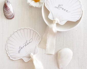 Personalized Scallop Shell Place Cards with ribbon:  Calligraphy, Coastal Wedding Decor
