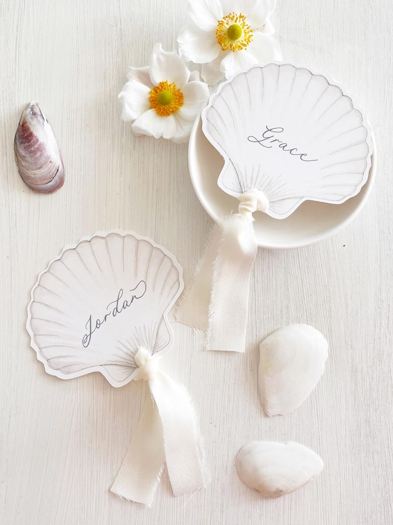 Personalized Scallop Shell Place Cards With Ribbon: Calligraphy ...