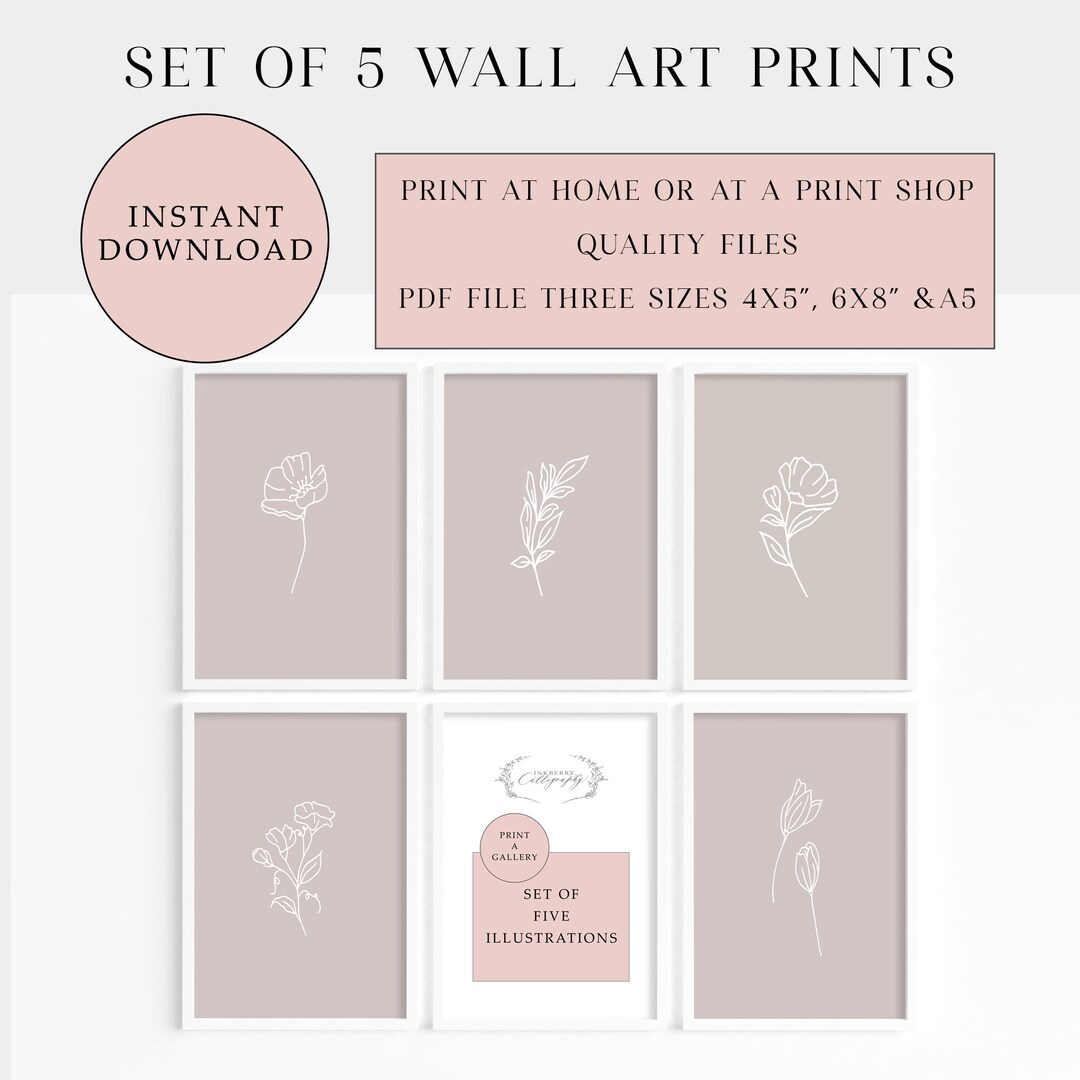 Set of 5, Printable Flower Wall Art, Minimal Flower Print, Instant ...