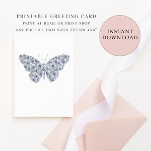 Carte de voeux vierge imprimable avec papillon hortensia, carte de fleurs à imprimer à la maison, cartes de voeux numériques, carte toutes occasions, carte papillon