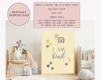I am Kind Poster: Kids Room Decor, Positive Affirmations (Digital Download)