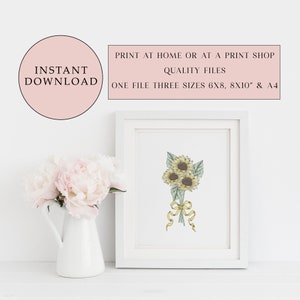 Printable Sunflower Posy Print, Watercolour and Ink Art Print, Flower Print, Instant Digital Download, Digital Art, Wall Décor, Cottage Core