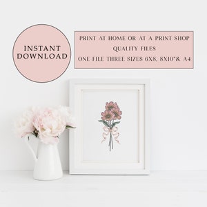 Printable Zinnia Posy Print, Watercolour Art Print, Ink Flower Print,Instant Digital Download, Digital Wall Art, Wall Décor, Cottage Garden
