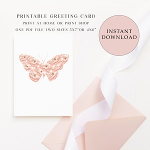 Carte de voeux vierge imprimable avec papillon pivoine pêche, carte à imprimer à la maison, cartes de voeux numériques, cartes toutes occasions, cartes papillon