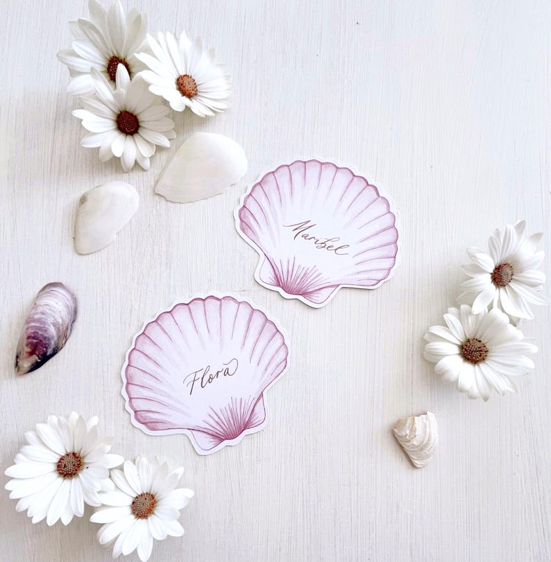 Card Background Shell Personalized Scallop Shell Place Cards: Gold Calligraphy, Coastal ...