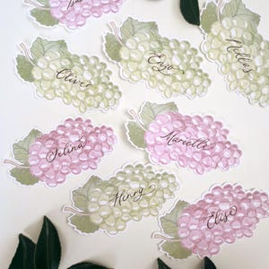 Hand painted and printed watercolour grape place cards with walnut ink personalised calligraphy guest names. Choose from a green bunch of grapes or a purple bunch of grapes. Or have a mix of both colours. Perfect for a Mediterranean wedding, winery event or a party on a vineyard. Classic grape place card are great for a long Italian or Greek lunch under the grapevines.