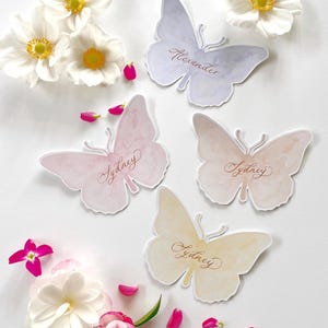 May include: Butterfly-shaped place cards in pastel colors, with names written in elegant script. The cards are arranged with white flowers and pink petals, creating a delicate and artistic display, perfect for weddings or events.