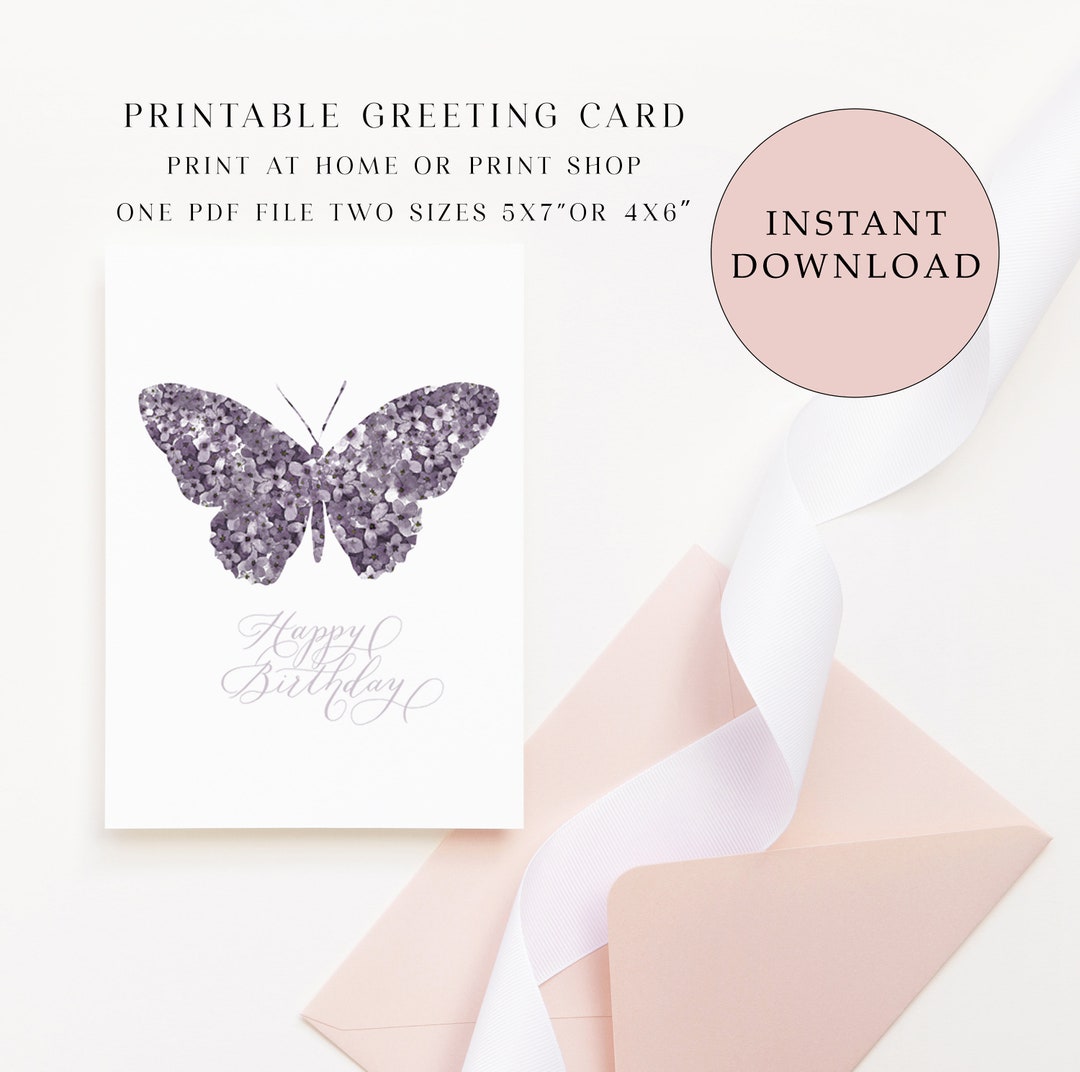 Printable Purple Hydrangea Butterfly Birthday Card, Greeting Card ...