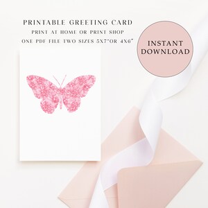 Tarjeta de felicitación en blanco imprimible mariposa dalia rosa, tarjeta impresa en casa, tarjetas de felicitación digitales, tarjetas para todas las ocasiones, tarjetas de mariposa lindas