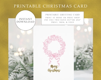 Può includere: Carta di Natale stampabile con una ghirlanda floreale rosa e un saluto "Buon Natale" in oro. La carta è disponibile in due dimensioni: 5x7 pollici o 4x6 pollici.