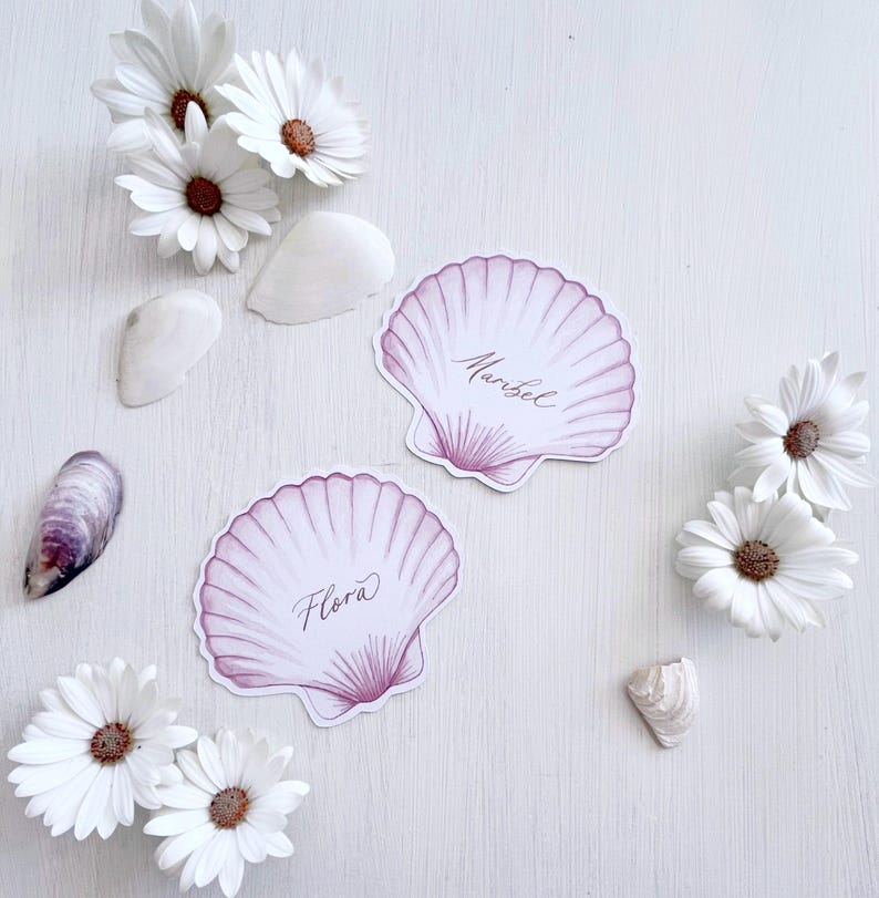 Personalized Scallop Shell Place Cards: Gold Calligraphy, Coastal ...
