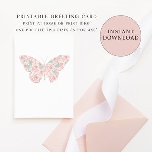 Tarjeta de felicitación en blanco imprimible mariposa rosa rosa, tarjeta impresa en casa, tarjetas de felicitación digitales, tarjetas para todas las ocasiones, tarjetas de mariposa lindas