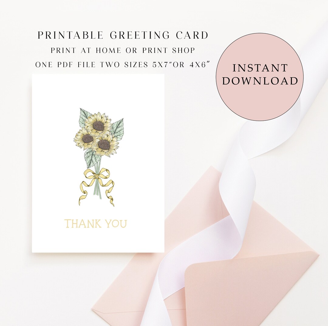 Printable Thank You Sunflower Posy Card, Instant Download, Cute Flower ...