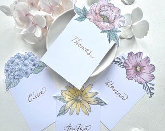 Flower Place Cards, Flower Wedding Name Tags, Personalised Calligraphy Guests Names, Garden Party Decor