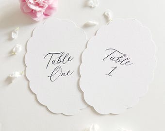 Elegant Scalloped Edge Wedding Table Numbers: Hand-Lettered Calligraphy